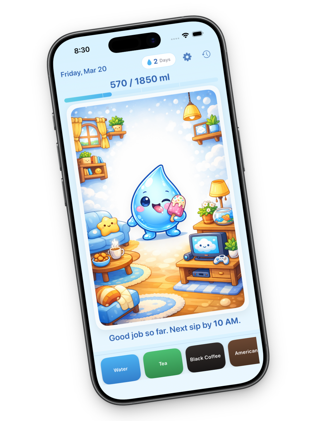 Oshy app home screen showing daily hydration progress with Oshy character